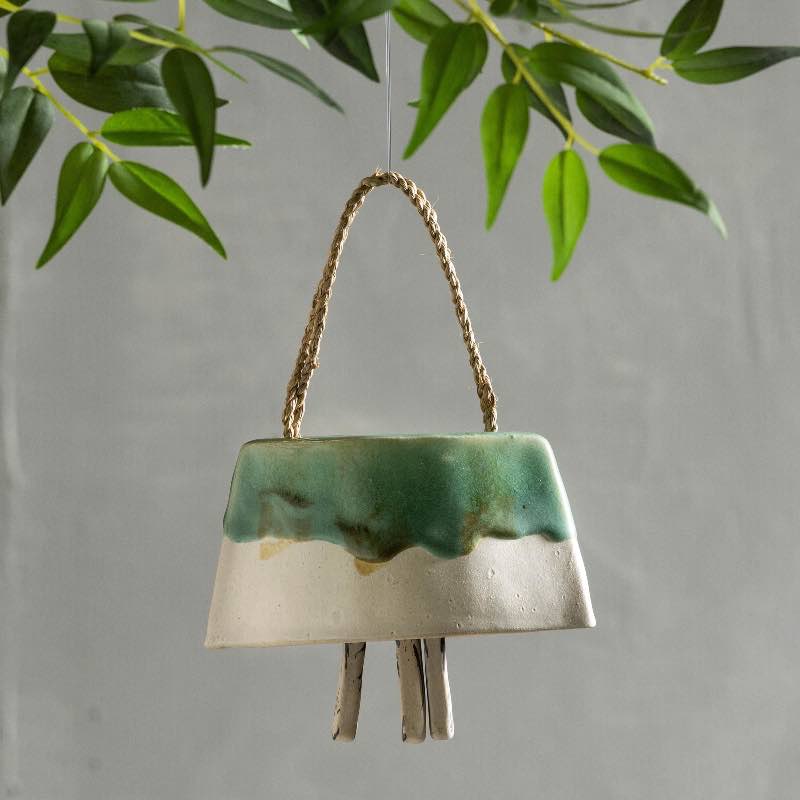 Artisan-made Ceramic Cowbell Chime, Medium - Green